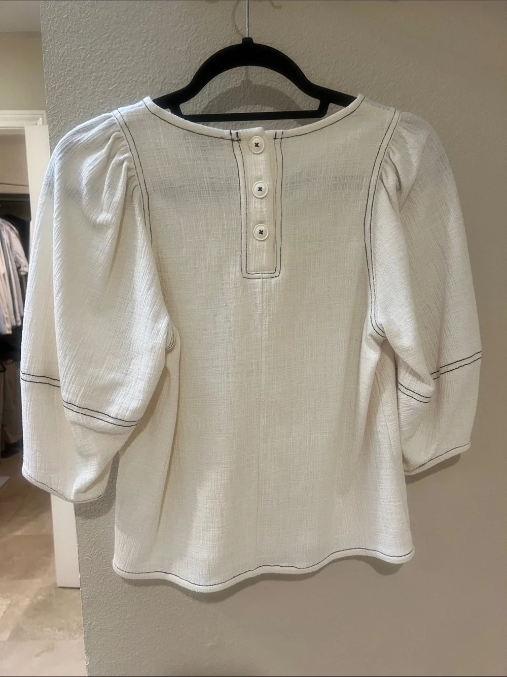 Anthropologie | Current Air White Puff-Sleeve Blouse with Black Topstitching